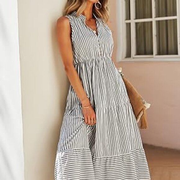 Sleeveless Shirt Dress Collar Striped V Neck Casual Midi Dresses L - Picture 3 of 4